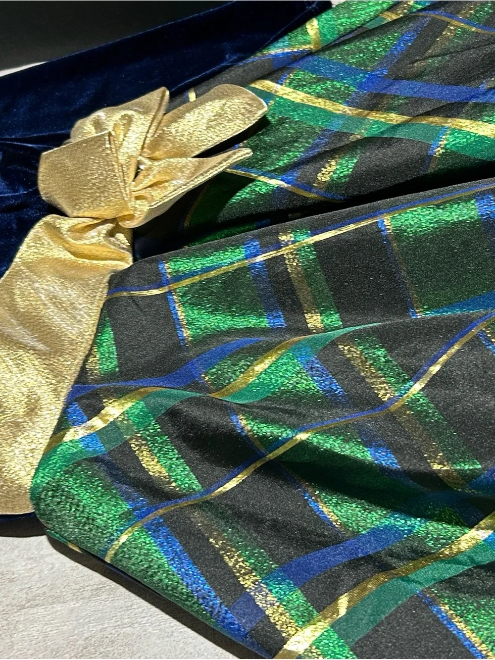 Bonnie Jean Navy Velvet Top with Green Plaid Skirt & Gold Bow